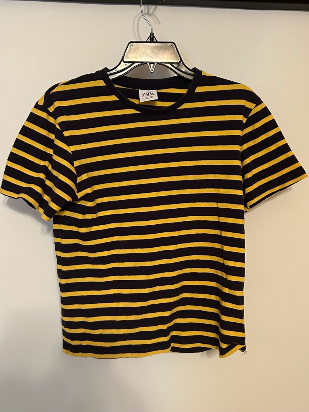 Zara Yellow and Black Striped Short Sleeve Top